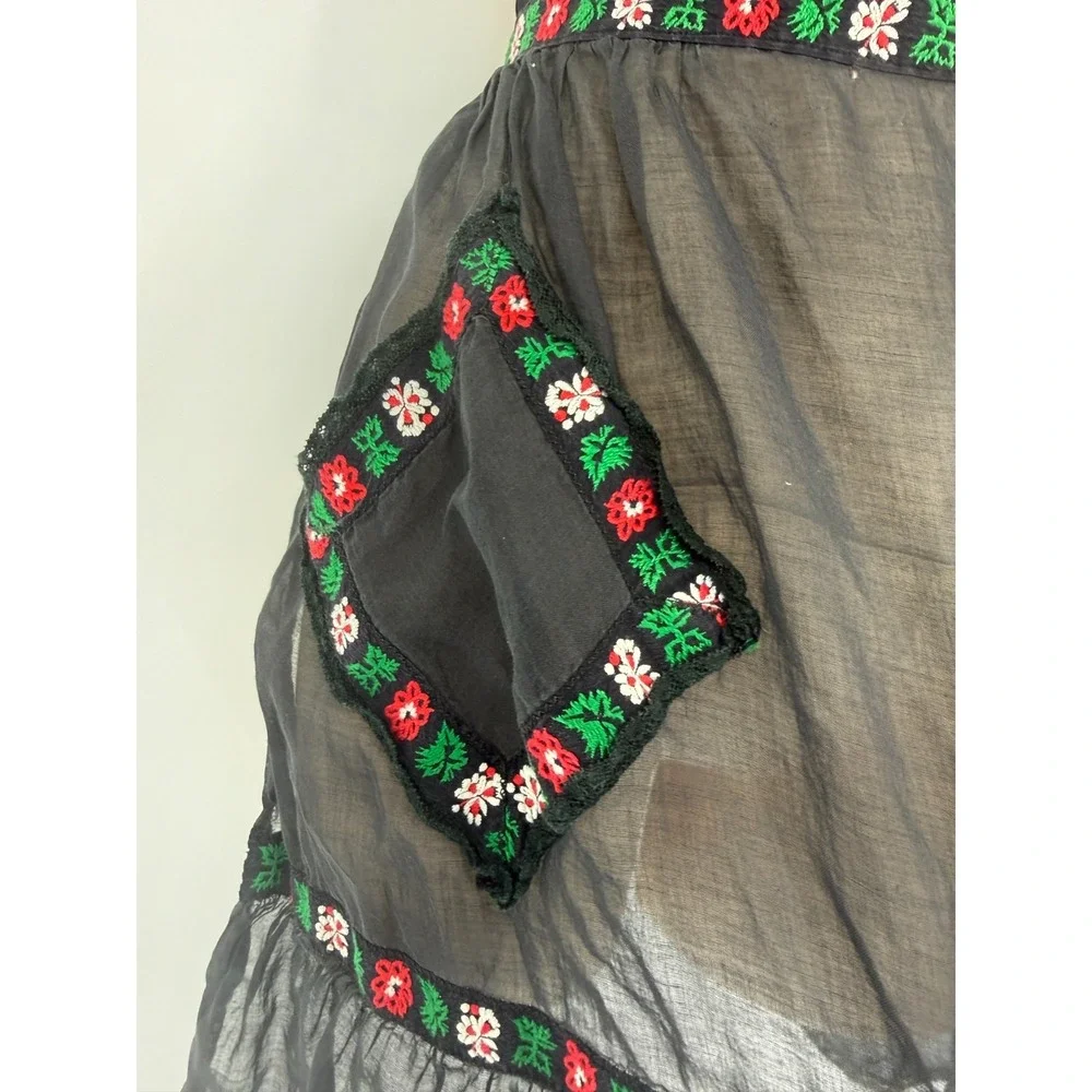 Vintage Sheer Black Embroidered Folk Apron Skirt Overlay Floral Trim Cottagecore